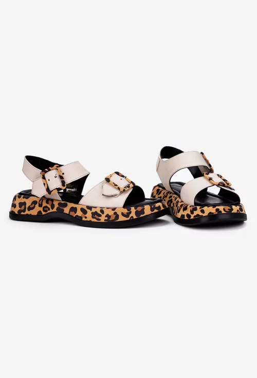Sandale dama NUR bej cu imprimeu animal print din piele naturala