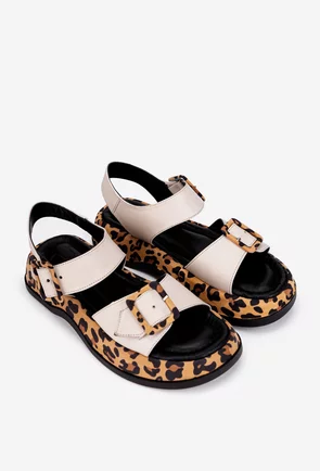 Sandale dama NUR bej cu imprimeu animal print din piele naturala