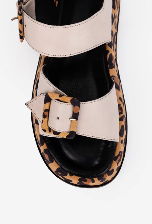 Sandale dama NUR bej cu imprimeu animal print din piele naturala