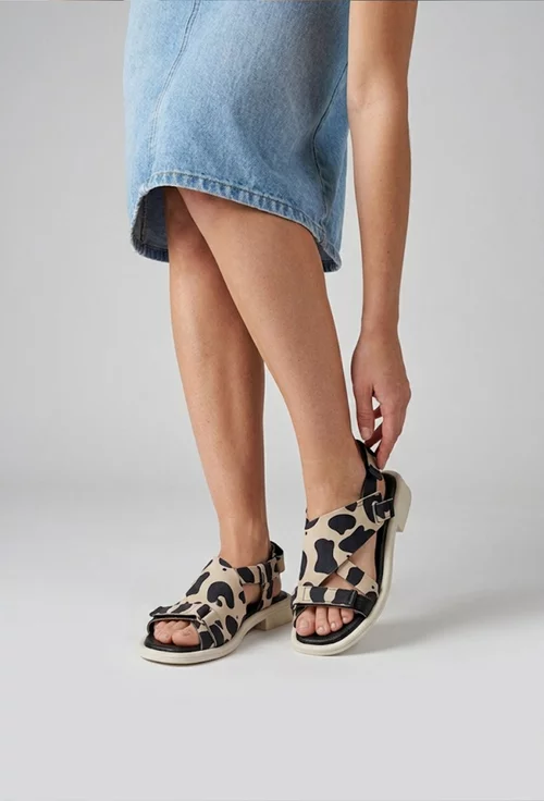 Sandale dama NUR bej cu negru din piele intoarsa animal print picture - 2