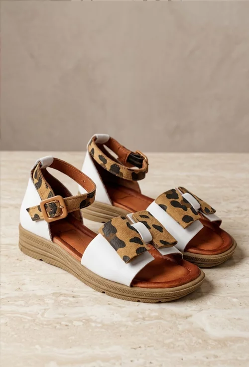 Sandale dama NUR din piele alba cu detalii animal print