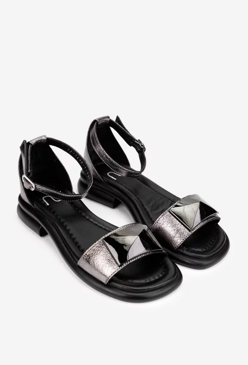 Sandale dama NUR din piele argintie cu ornament negru