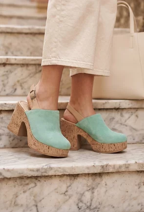 Sandale dama NUR din piele intoarsa verde cu platforma