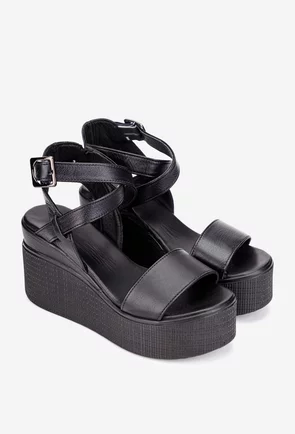 Sandale dama NUR din piele naturala neagra cu platforma