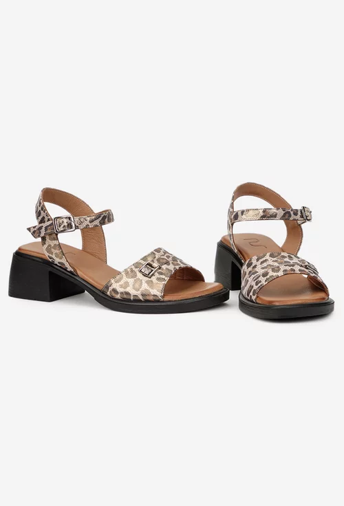Sandale dama NUR din piele sidefata bej cu animal print