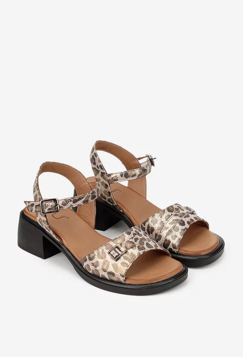 Sandale dama NUR din piele sidefata bej cu animal print