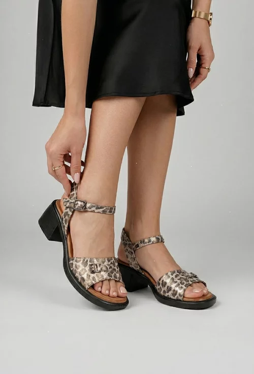 Sandale dama NUR din piele sidefata bej cu animal print