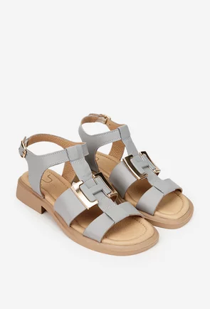 Sandale dama NUR gri din piele cu ornament