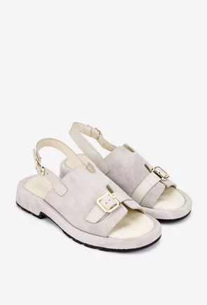 Sandale dama NUR gri din piele intoarsa cu insertie piele box bej