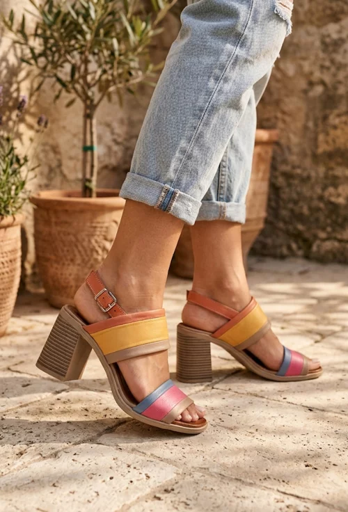 Sandale dama NUR multicolore din piele naturala