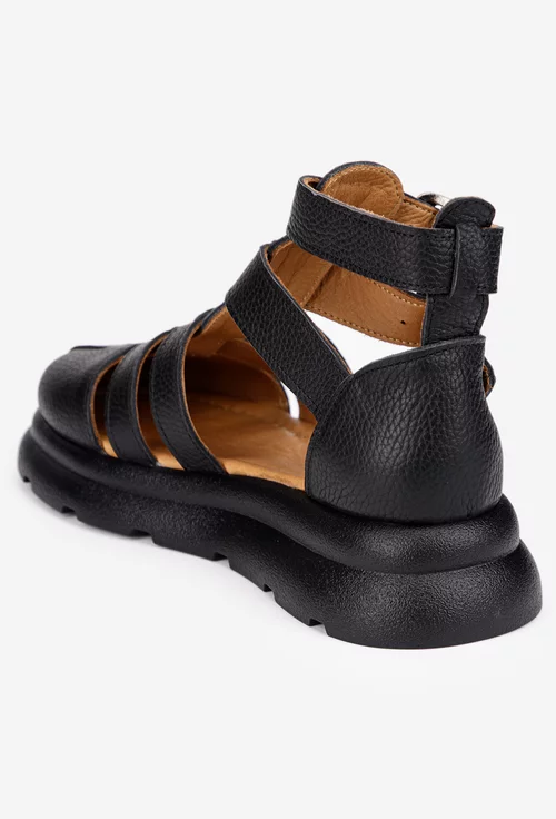 Sandale dama NUR negre din piele texturata cu multe barete