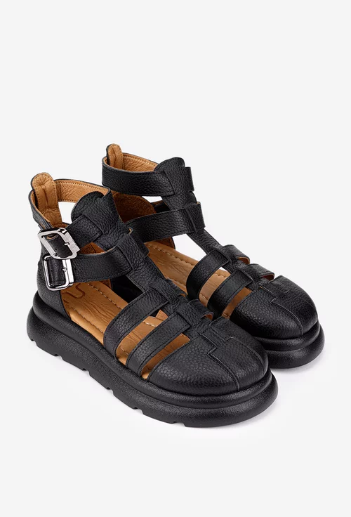 Sandale dama NUR negre din piele texturata cu multe barete