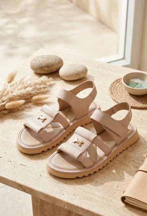 Sandale dama NUR roz pudra din piele naturala cu ornament