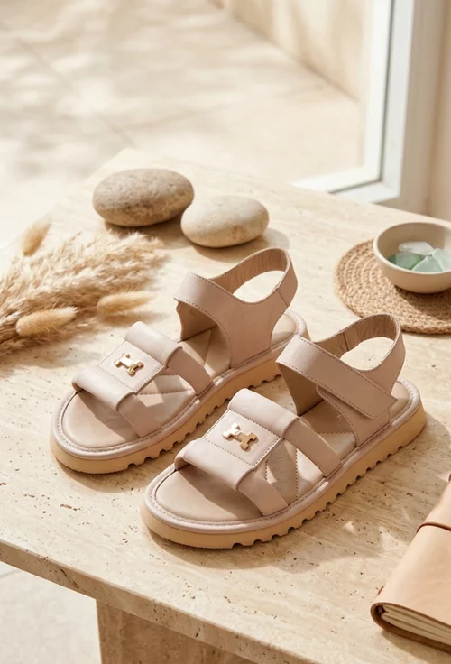 Sandale dama NUR roz pudra din piele naturala cu ornament