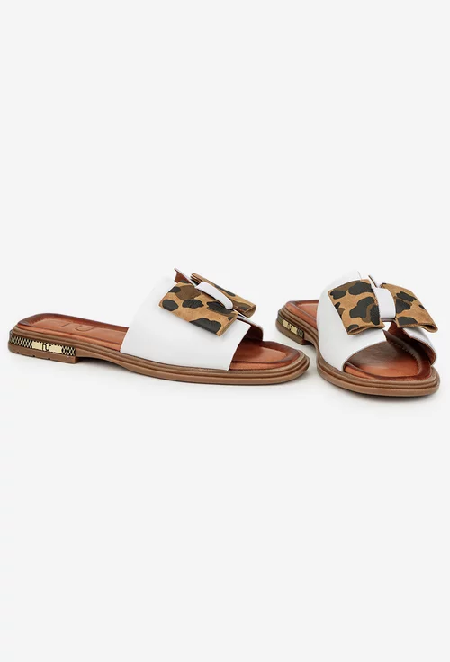 Sandale dama NUR stil papuc albe din piele cu funda