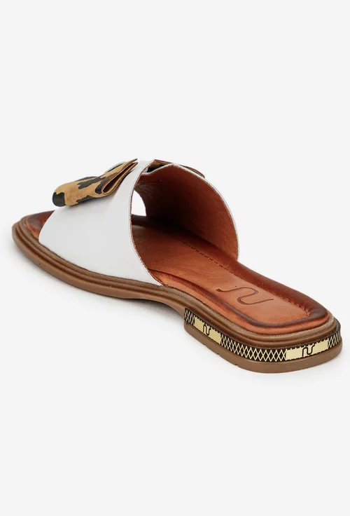 Sandale dama NUR stil papuc albe din piele cu funda
