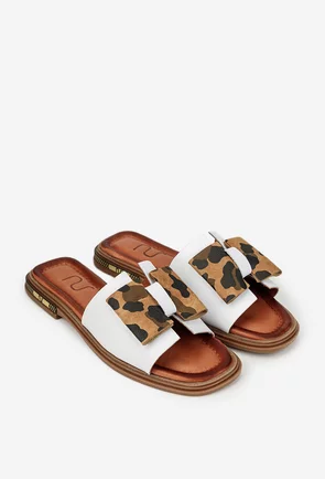 Sandale dama NUR stil papuc albe din piele cu funda