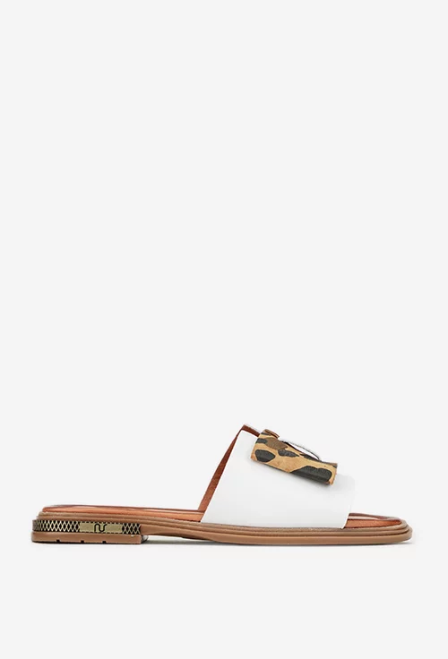 Sandale dama NUR stil papuc albe din piele cu funda