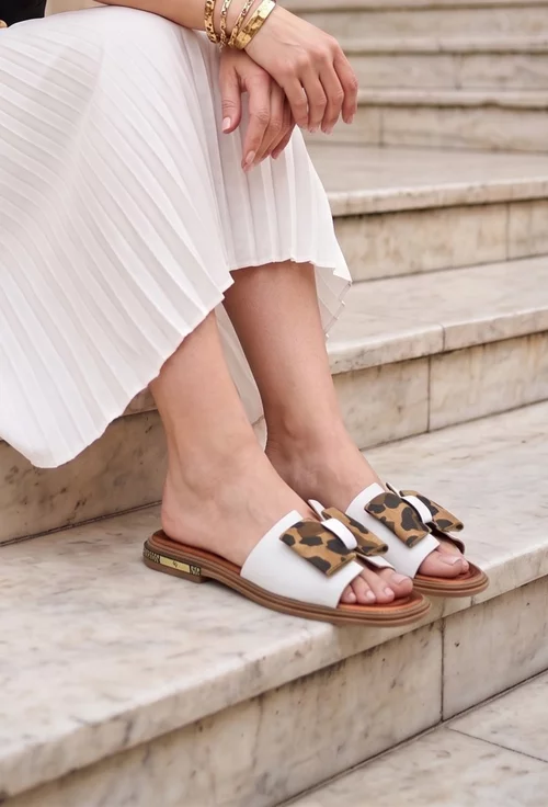 Sandale dama NUR stil papuc albe din piele cu funda