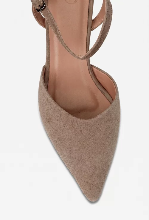 Sandale dama NUR taupe din piele intoarsa cu toc