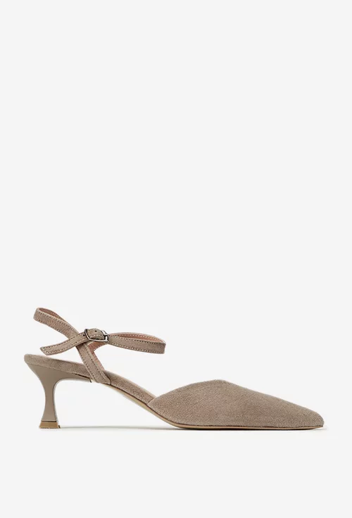 Sandale dama NUR taupe din piele intoarsa cu toc
