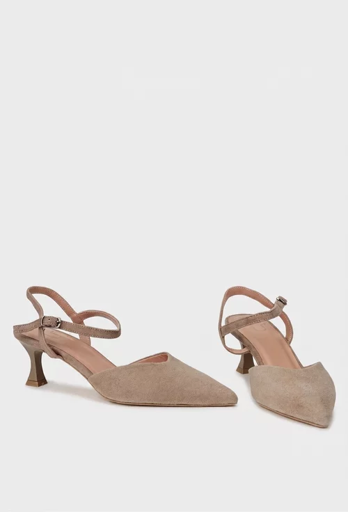 Sandale dama NUR taupe din piele intoarsa cu toc