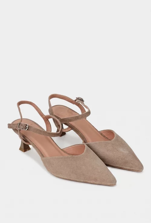 Sandale dama NUR taupe din piele intoarsa cu toc
