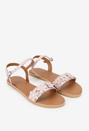 Sandale dama roz din piele texturata cu flori