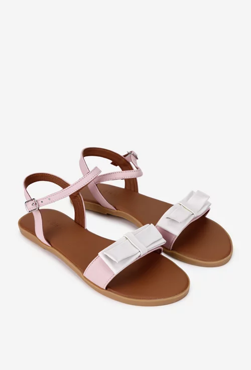Sandale dama roz pudra din piele naturala cu funda alba