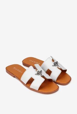 Sandale dama stil papuc din piele alba cu ornament