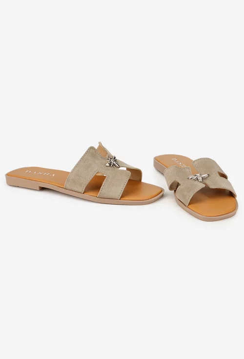 Sandale dama stil papuc din piele intoarsa bej cu ornament picture - 6