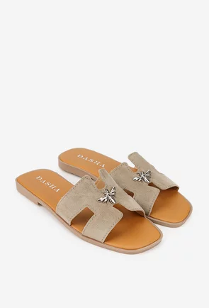 Sandale dama stil papuc din piele intoarsa bej cu ornament