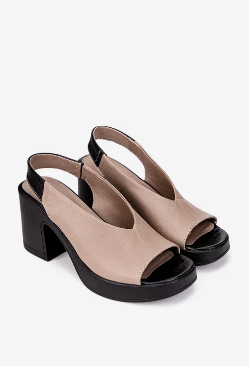 Sandale dama taupe cu negru din piele naturala
