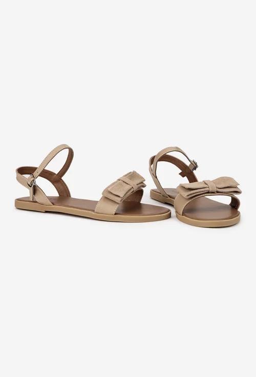 Sandale dama taupe din piele cu funda