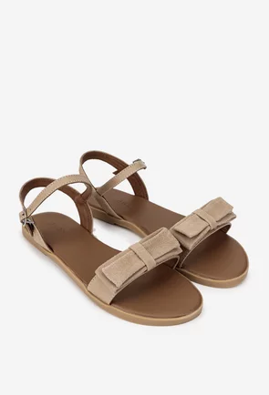 Sandale dama taupe din piele cu funda