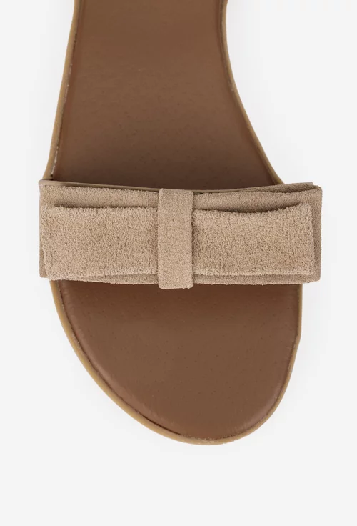 Sandale dama taupe din piele cu funda