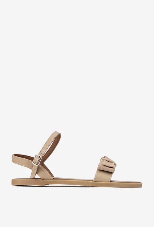 Sandale dama taupe din piele cu funda