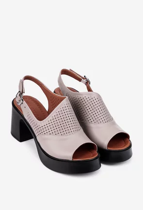Sandale dama taupe din piele cu toc gros si platforma