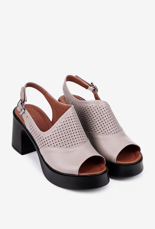 Sandale dama taupe din piele cu toc gros si platforma
