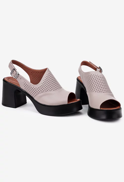Sandale dama taupe din piele cu toc gros si platforma