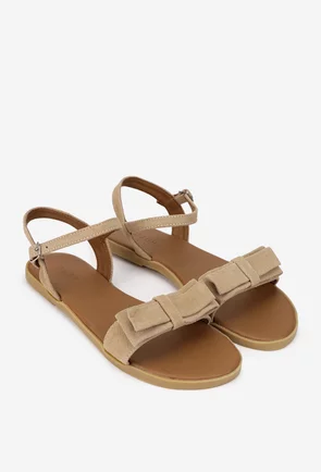 Sandale dama taupe din piele intoarsa cu funda