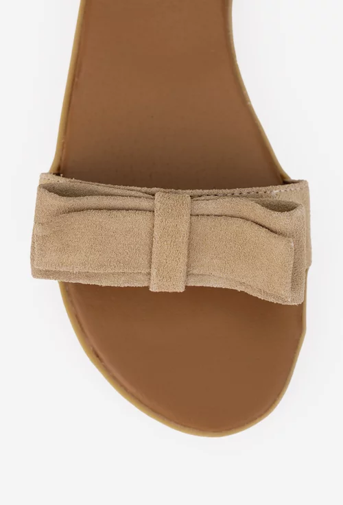 Sandale dama taupe din piele intoarsa cu funda