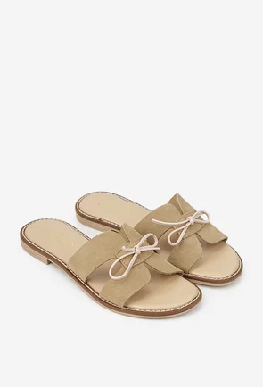 Sandale dama taupe din piele intoarsa model stil papuc