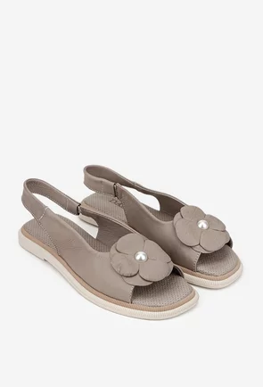 Sandale dama taupe din piele naturala cu floare
