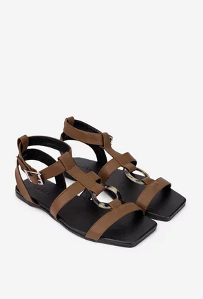 Sandale dama taupe din piele naturala cu ornament