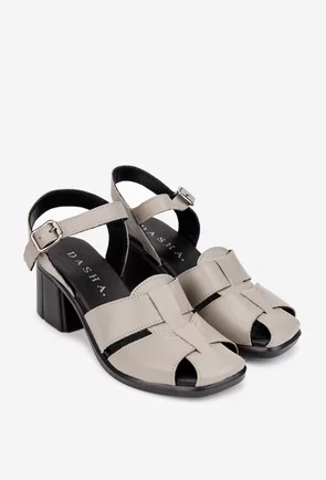 Sandale dama taupe din piele naturala cu toc