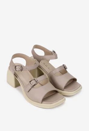 Sandale dama taupe din piele naturala cu varful patrat
