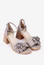 Sandale dama taupe NUR din piele cu ornament floare
