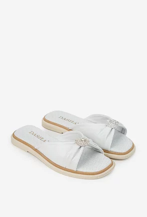 Sandale dama tip papuc albe din piele naturala cu ornament