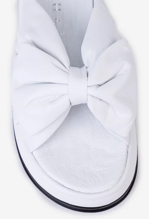 Sandale dama tip papuc din piele alba cu funda